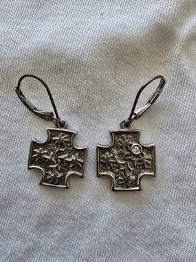 Jerusalem Sterling Silver Cross Drop Earrings with Palms Design. Small Diamond